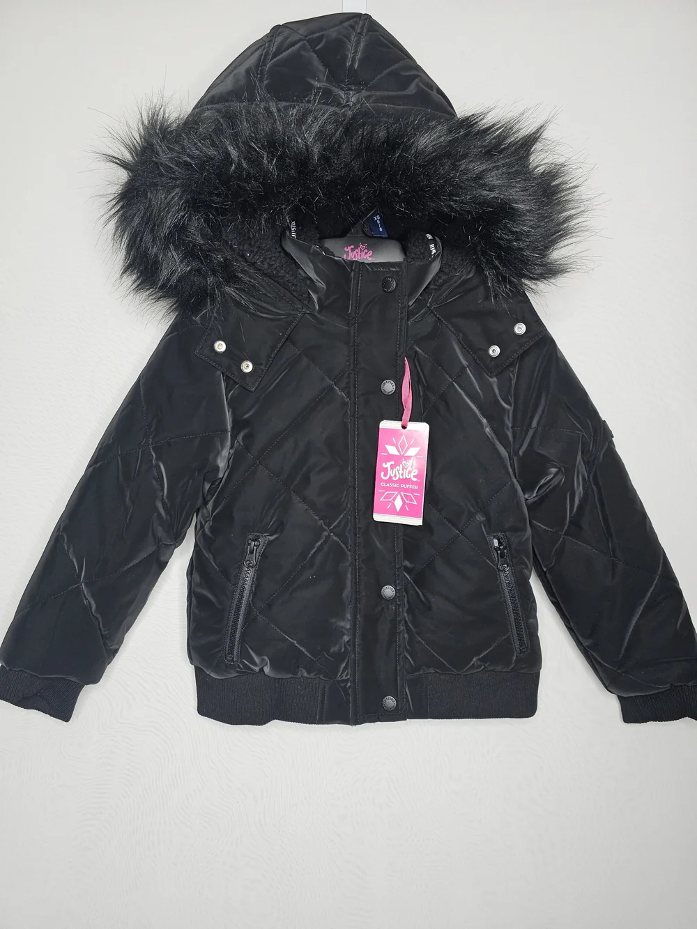 NWT Justice Girls Black Classic Puffer Jacket Faux Fur Hood Size XS (5/6)